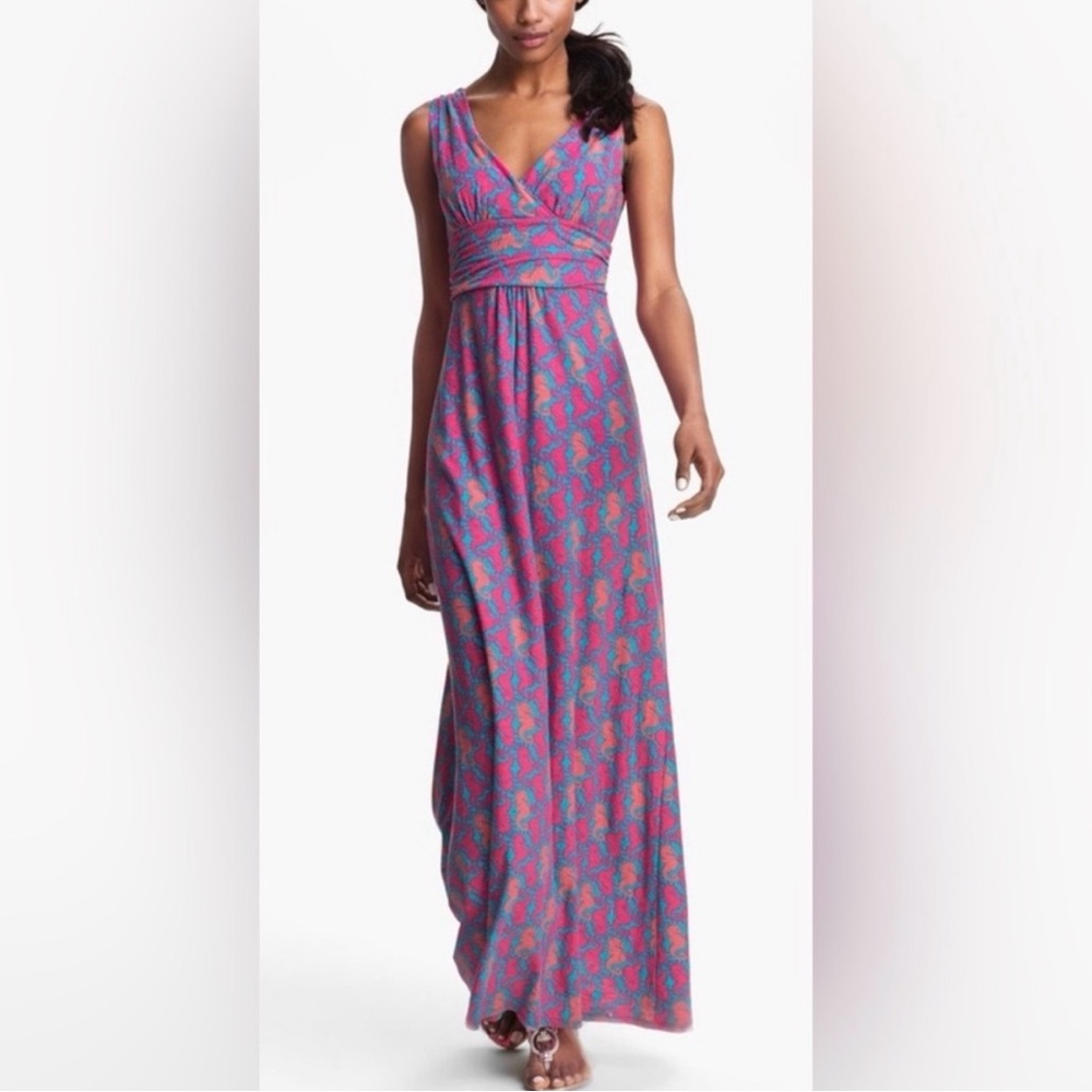 Lilly Pulitzer SLOANE Pink Blue Seahorse Print Maxi Dress Medium Cotton Nautical